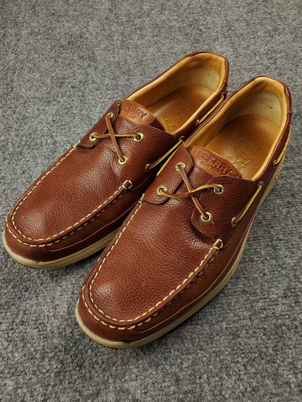 Sperry Gold Cup Boat Shoes Mens 13 Ultralite 2 Eye Cognac Brown Pebbled Leather